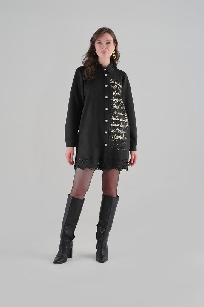Chic Textured Little Black Dress With Gold Button And Print Detail. Tricotto 96063