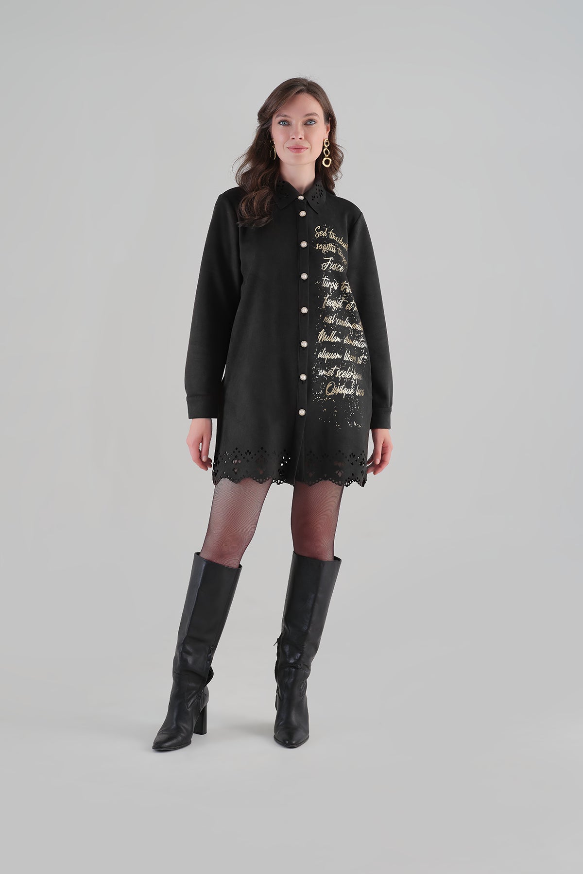 Chic Textured Little Black Dress With Gold Button And Print Detail. Tricotto 96063