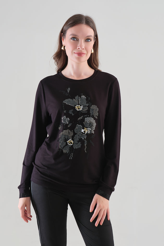 Striking Front Pearl Sequin Knit Top. Tricotto 96069