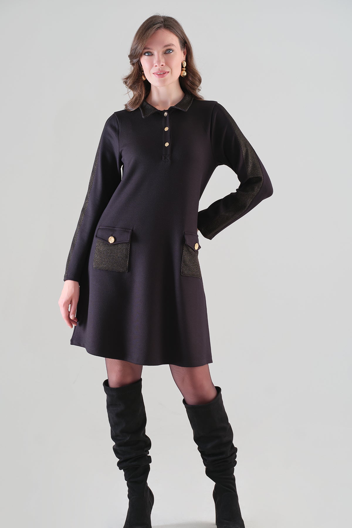 Little Black Dress With Gold Sequin Detail. Tricotto 96081