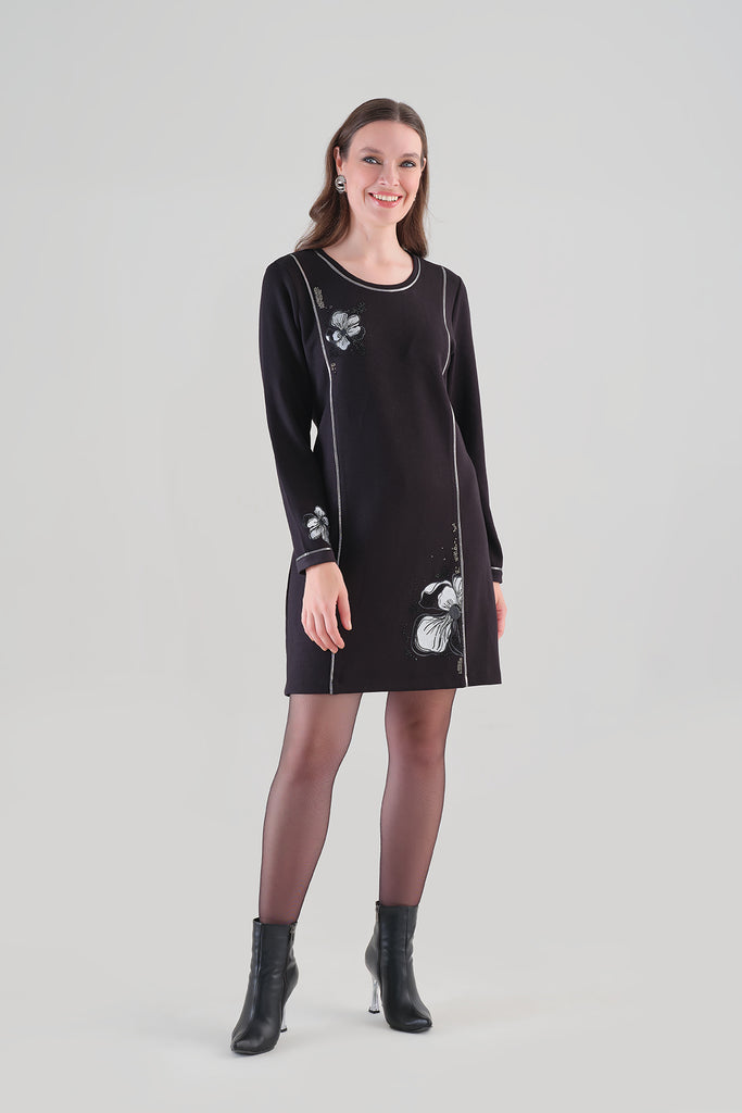 Silky Knit Little Black Dress With Sequin Floral Print. Tricotto 96131
