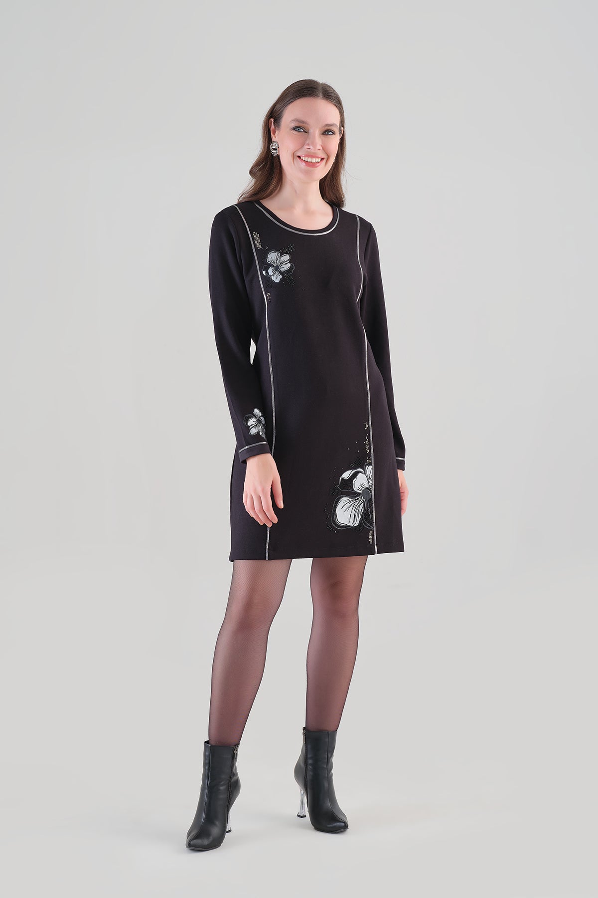 Silky Knit Little Black Dress With Sequin Floral Print. Tricotto 96131