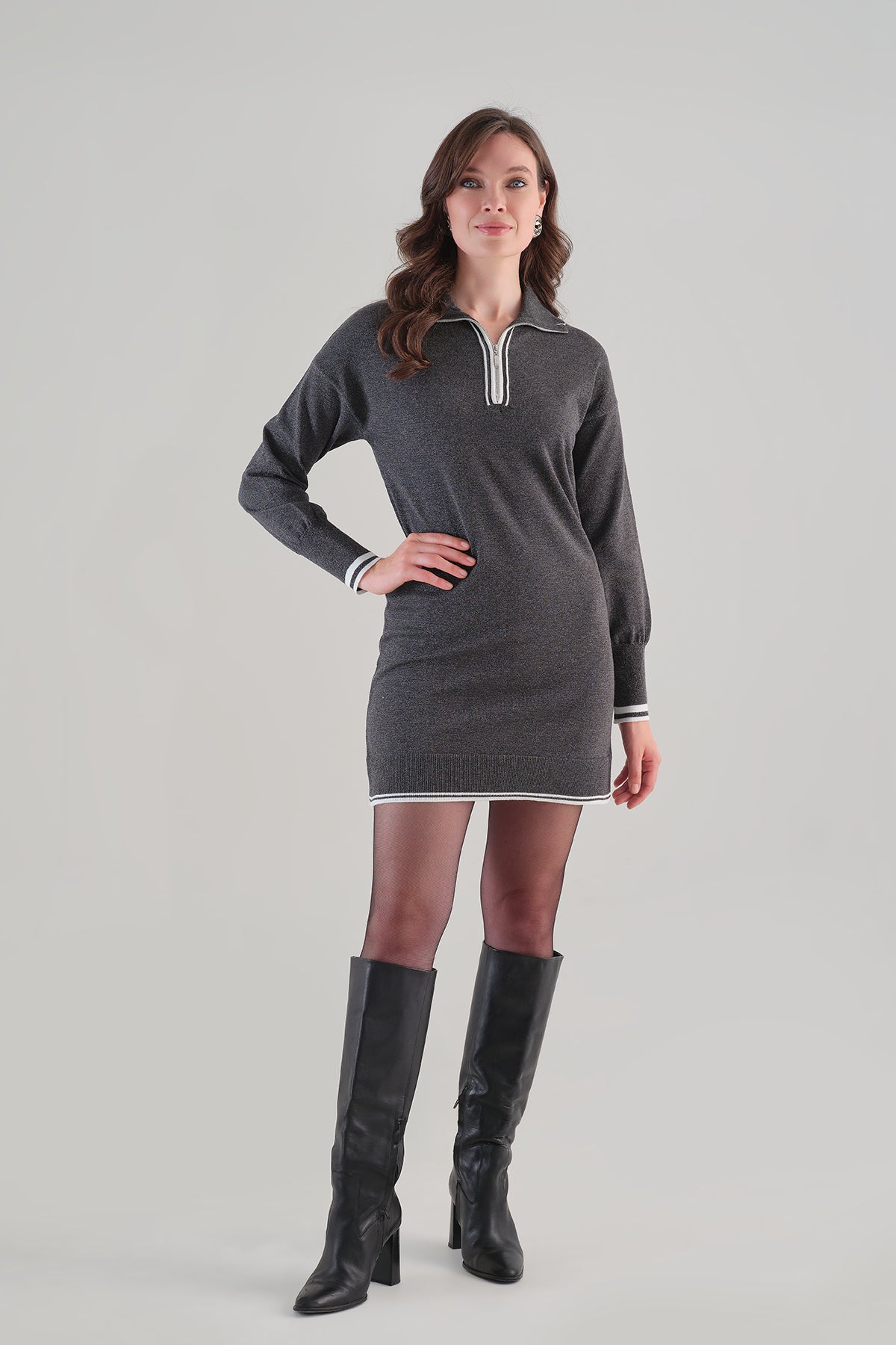 Metallic Knit Grey Dress With Zip Front. Tricotto 96183