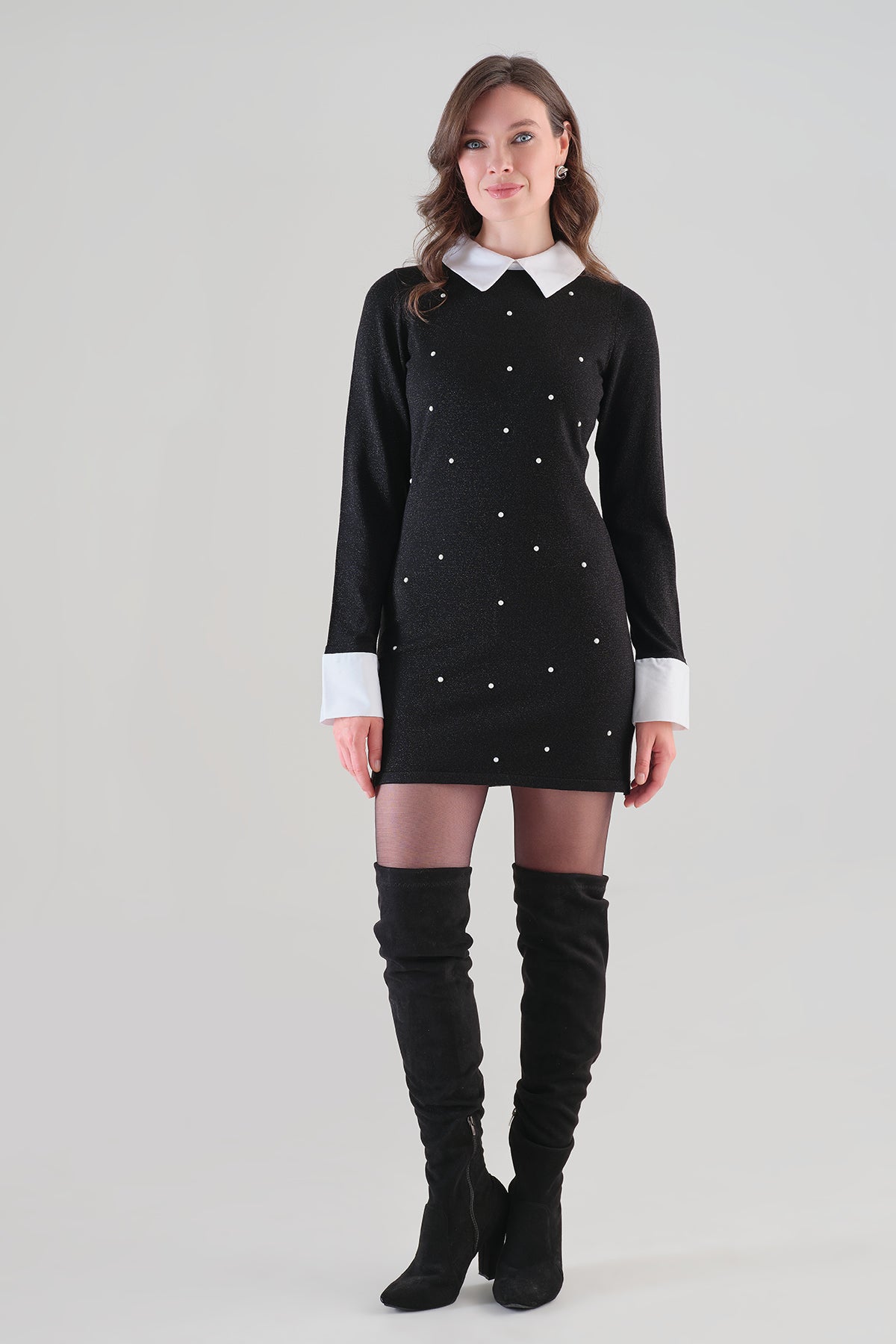Metallic Knit Pearl Little Black Dress. Tricotto 96187