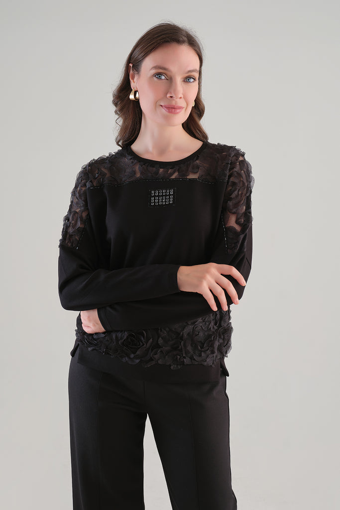 Premium Knit Sweater With Front Sequin and Feathered Detail. Tricotto 96206