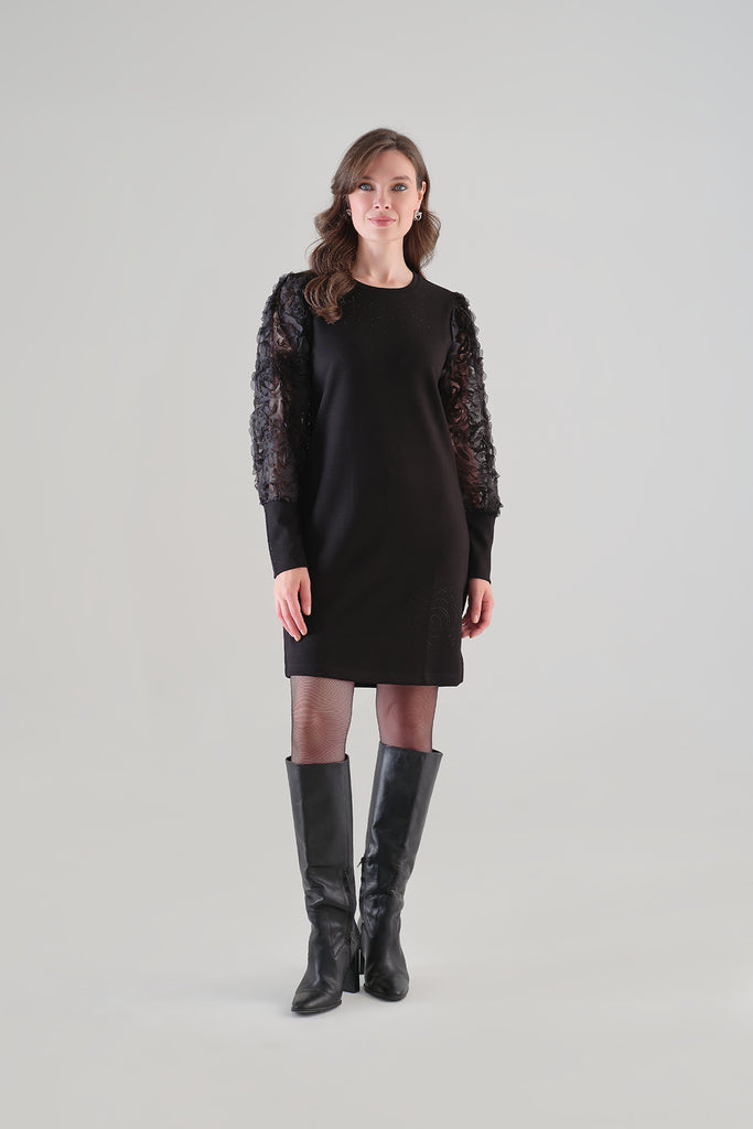 Little Black Dress With Feathered Arm Detail. Tricotto 96209