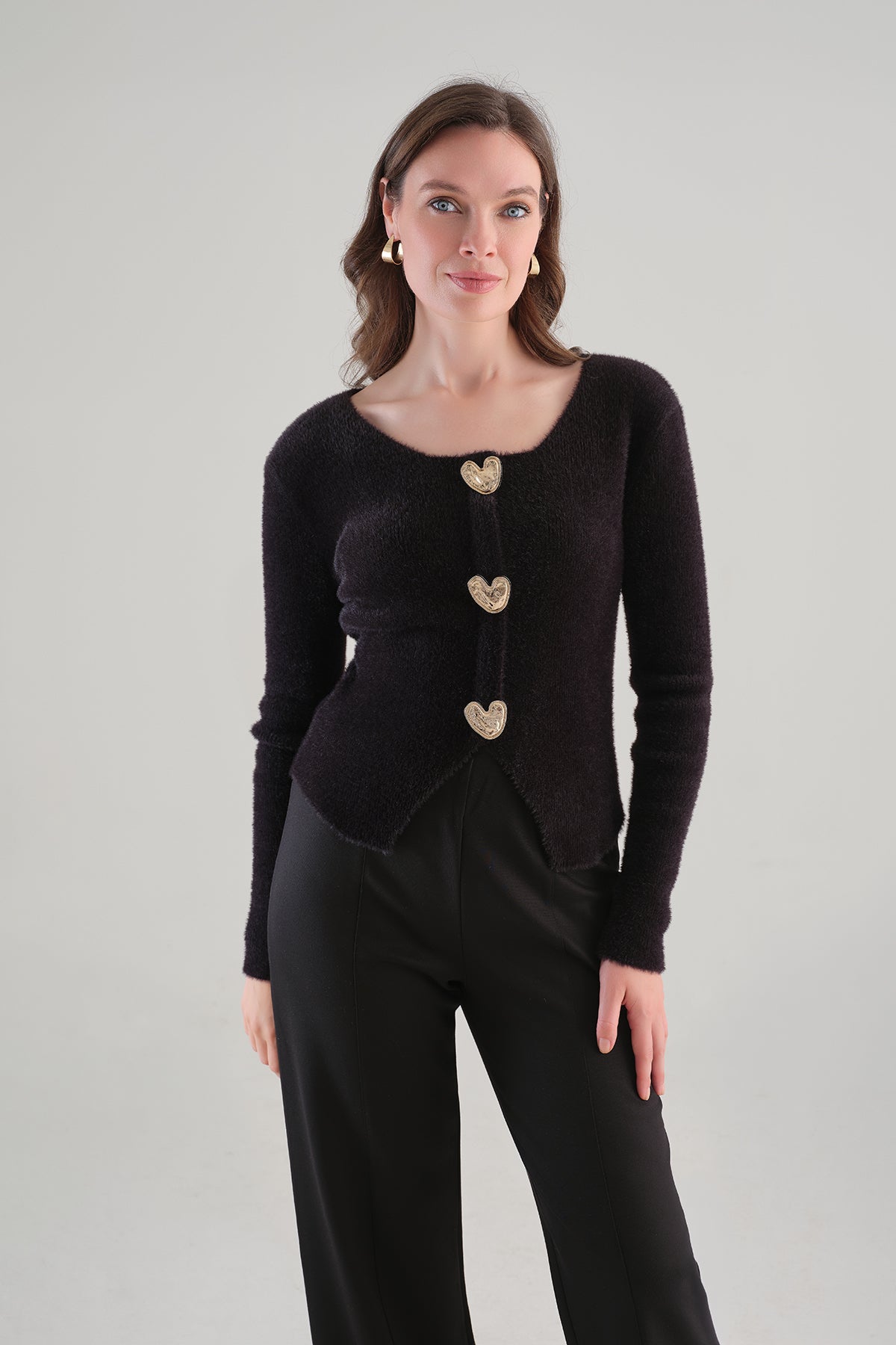 Eyelash Knit Sweater With Gold Heart Front Detail. Tricotto 96230