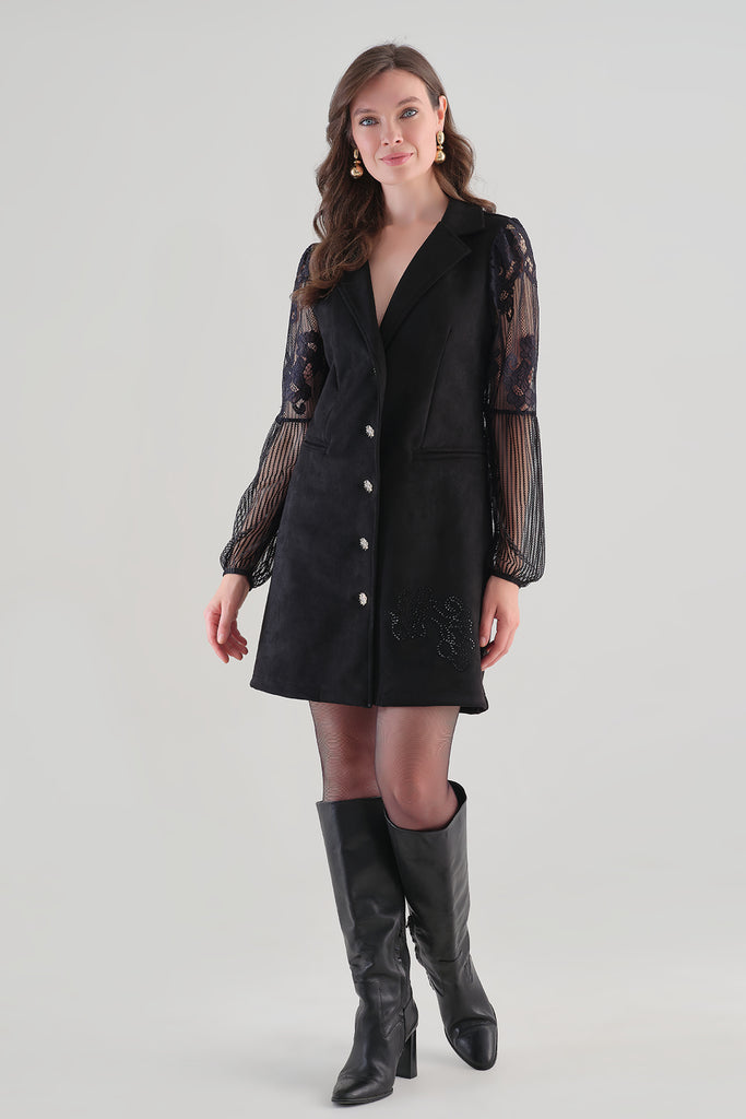 Textured Knit Dress With Lace Arm Detail. Tricotto 96235