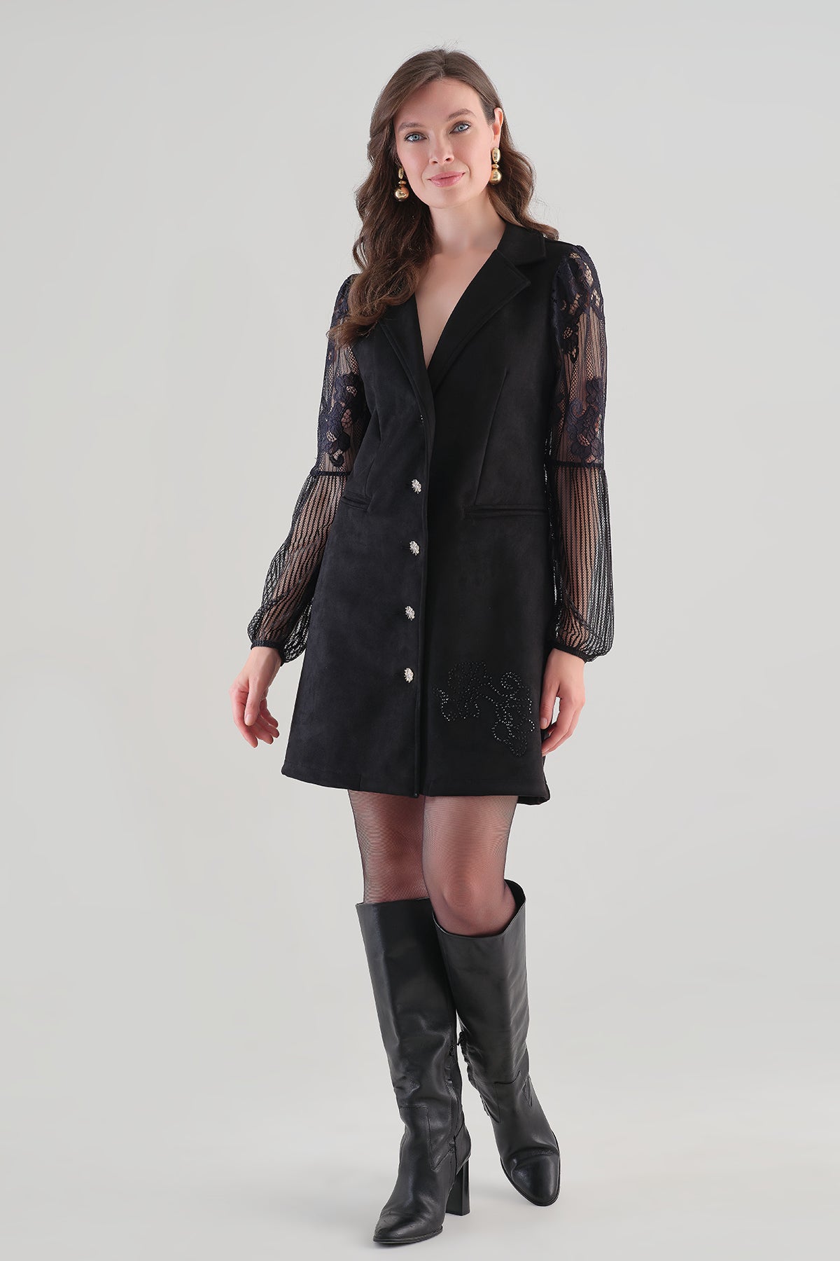Textured Knit Dress With Lace Arm Detail. Tricotto 96235