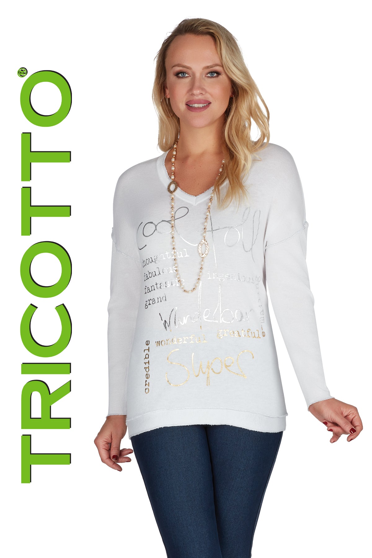 Tricotto Off white Summer Sweater-Tricotto White print Sweater
