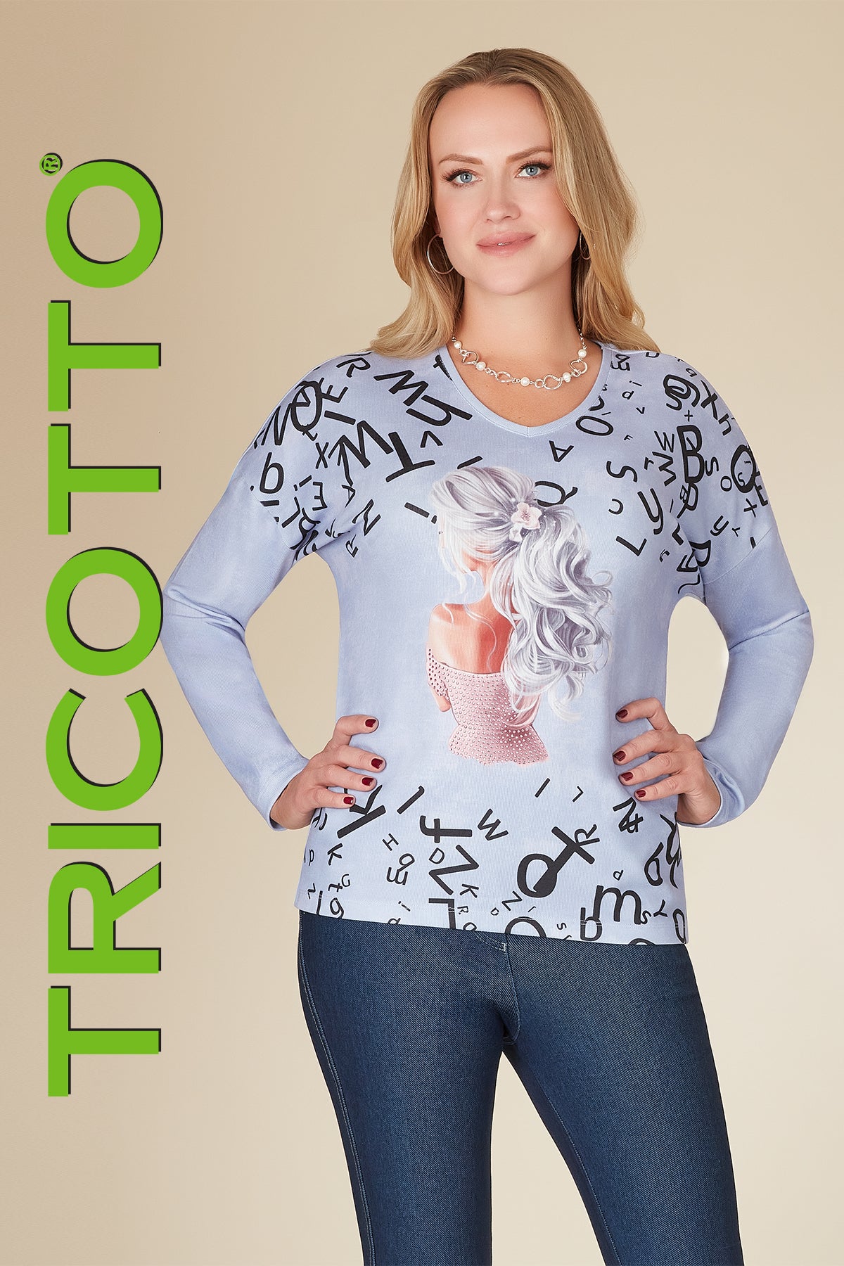 Tricotto Sequin Fashion Lady Print Sweater With Drop Shoulder