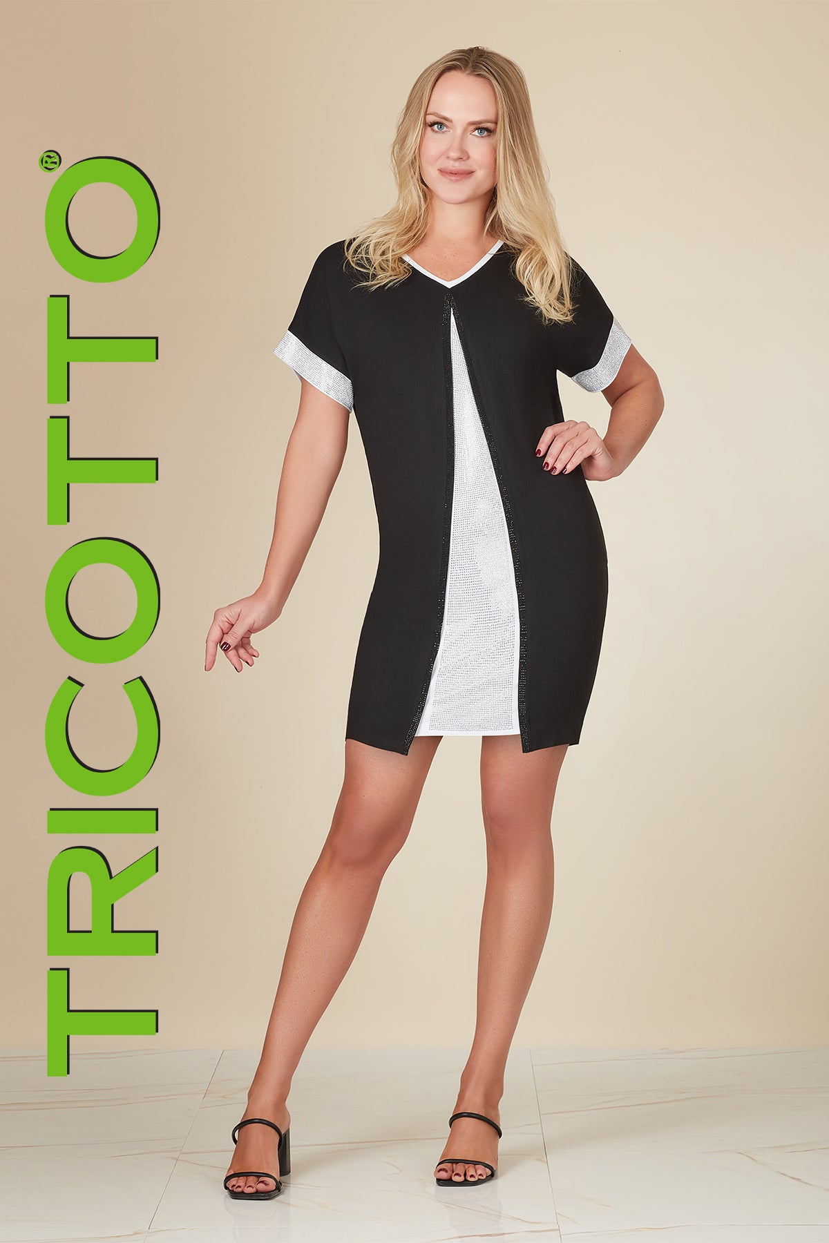 Tricotto Black White Dress With Sequin Front & Back Insert Detail