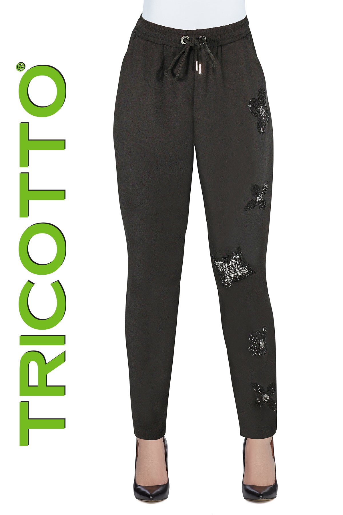 Tricotto Relaxed Knit Black Pant With Elastic Waist And Front Fashion Sequin Detail