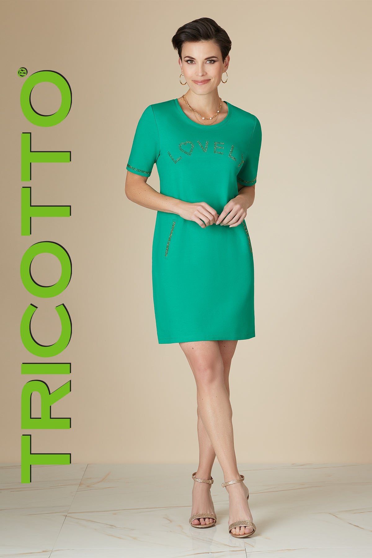 Tricotto Green Dress-Tricotto Green Love Print Sequin Dress