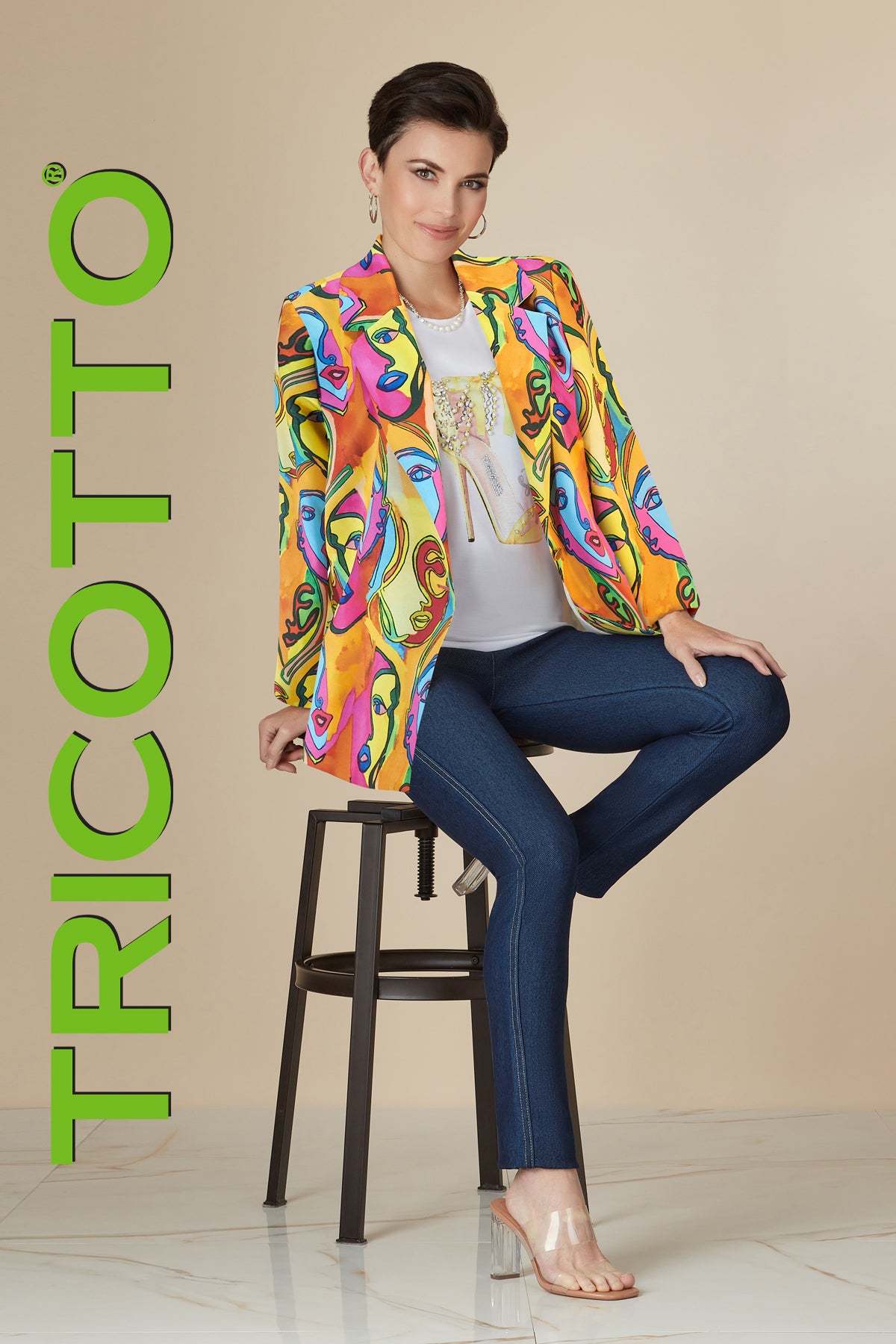 Tricotto Orange Multi Scuba Knit Printed Blazer Jacket