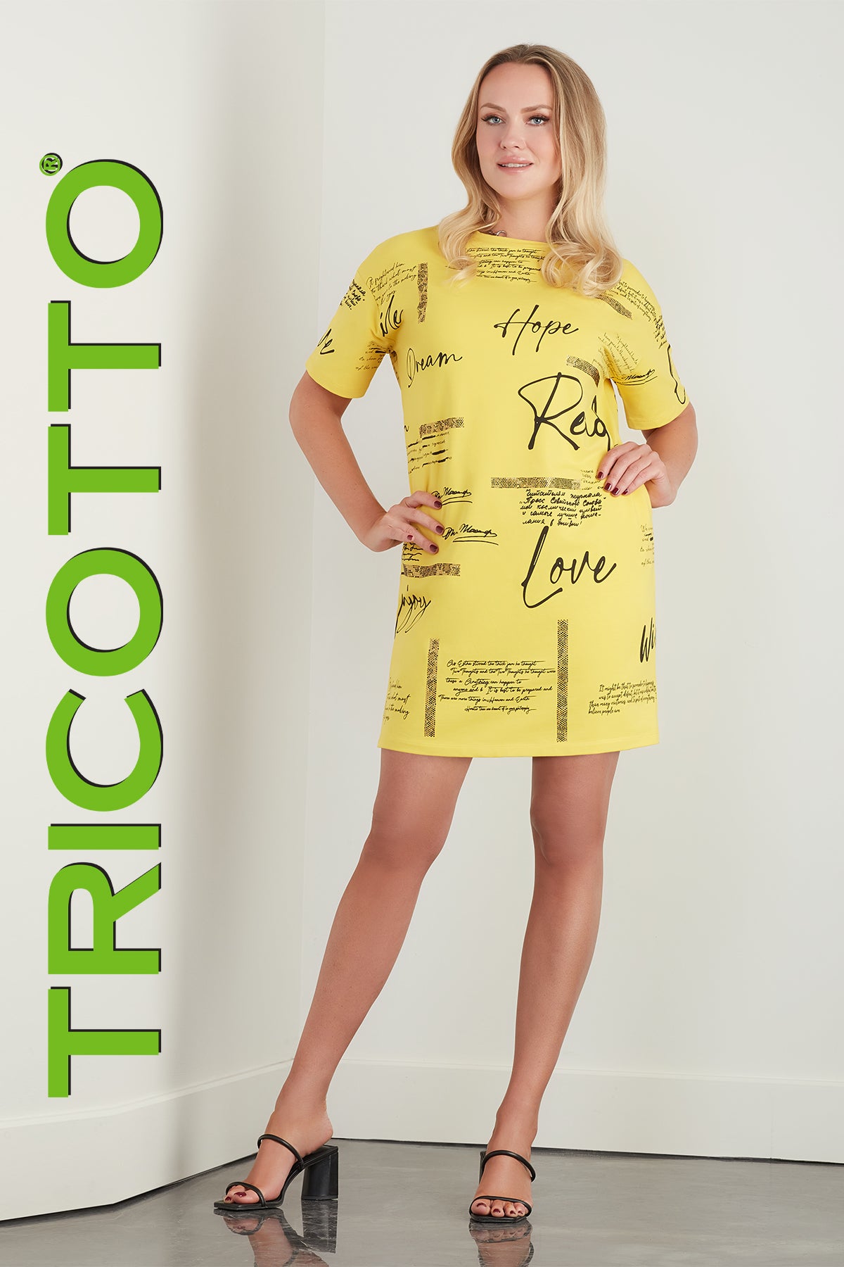 Tricotto Yellow-Black Sequin Print Cotton Dress