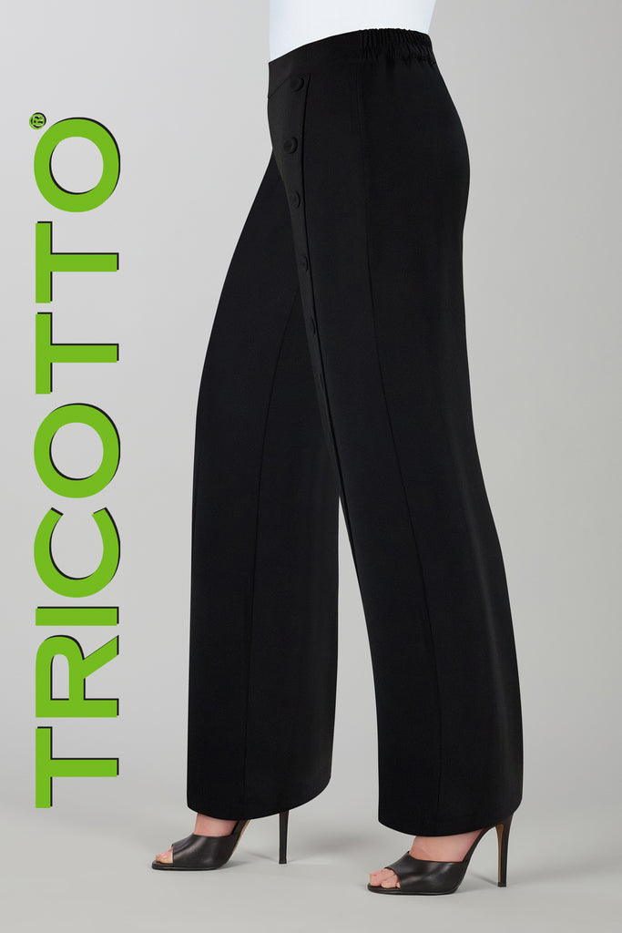 Black woven knit palazzo pant with side black button detail