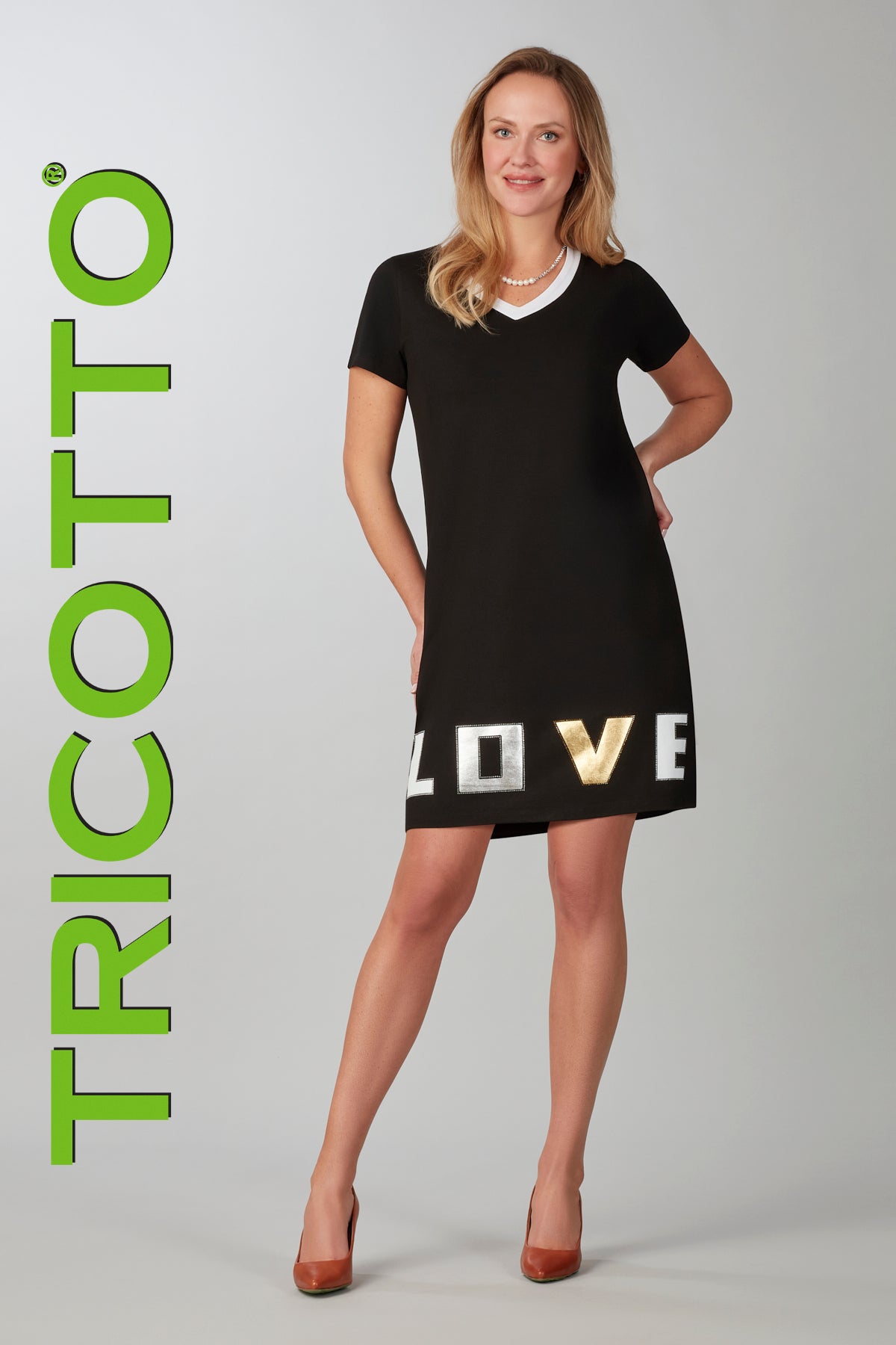 Tricotto Black Tunic Dress With Sequin Love Print detail on front