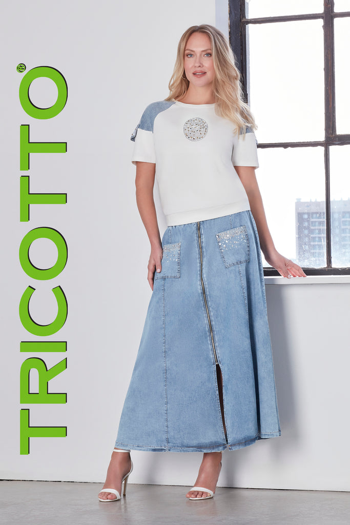 Tricotto Long Denim skirt with zipper and sequin pocket front in flattering a line style