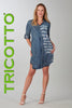 Tricotto denim blue dress with striking sequin print detail on front & back