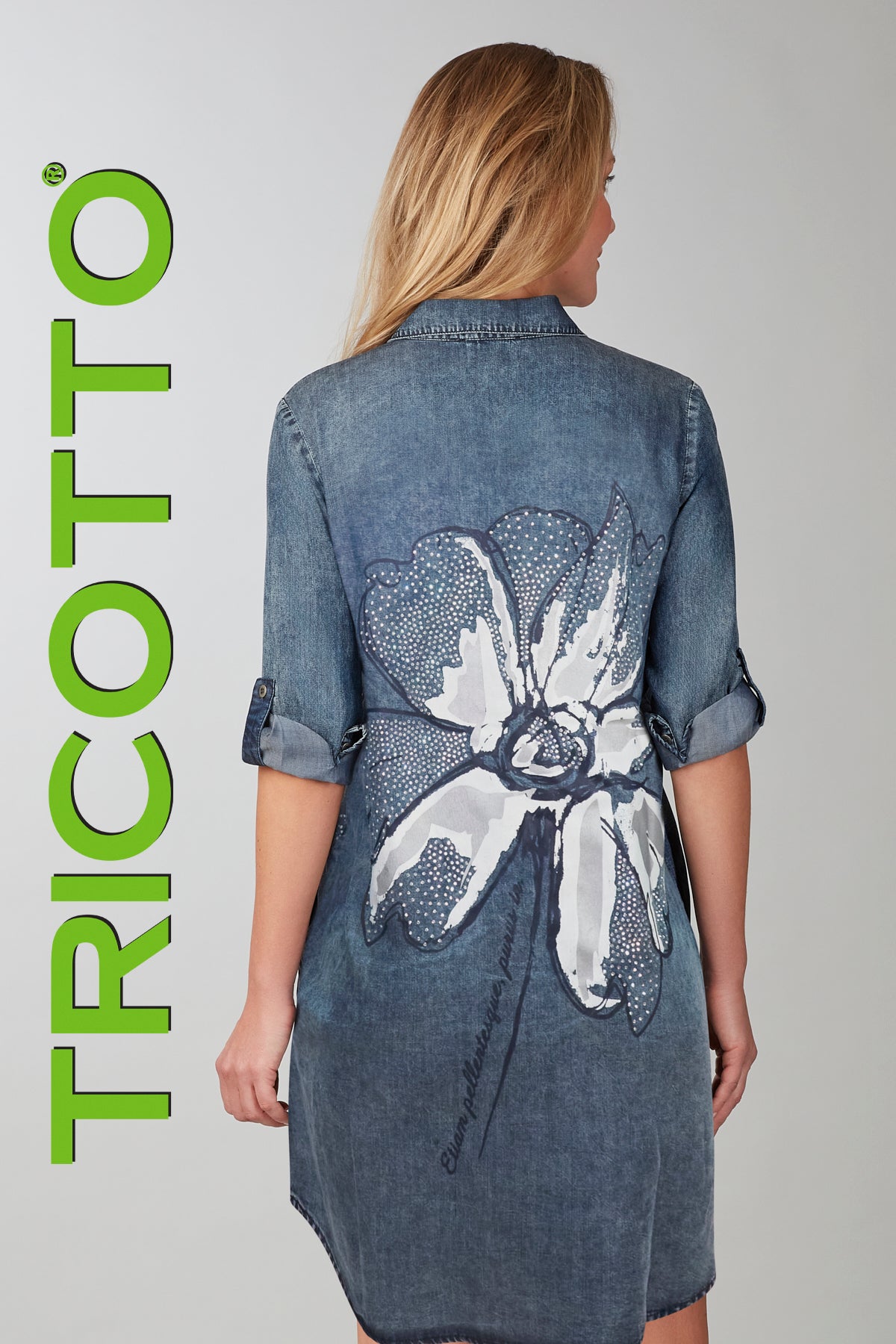 Tricotto denim blue dress with striking sequin print detail on front & back