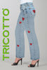 Tricotto Wide Leg Blue Jeans with Red Sequin Heart Detail