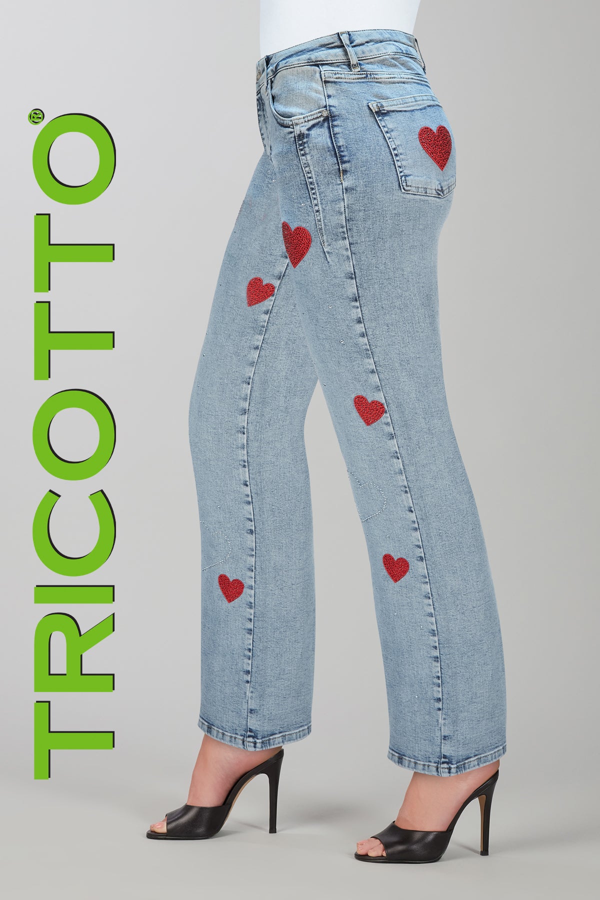 Tricotto Wide Leg Blue Jeans with Red Sequin Heart Detail