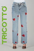 Tricotto Wide Leg Blue Jeans with Red Sequin Heart Detail