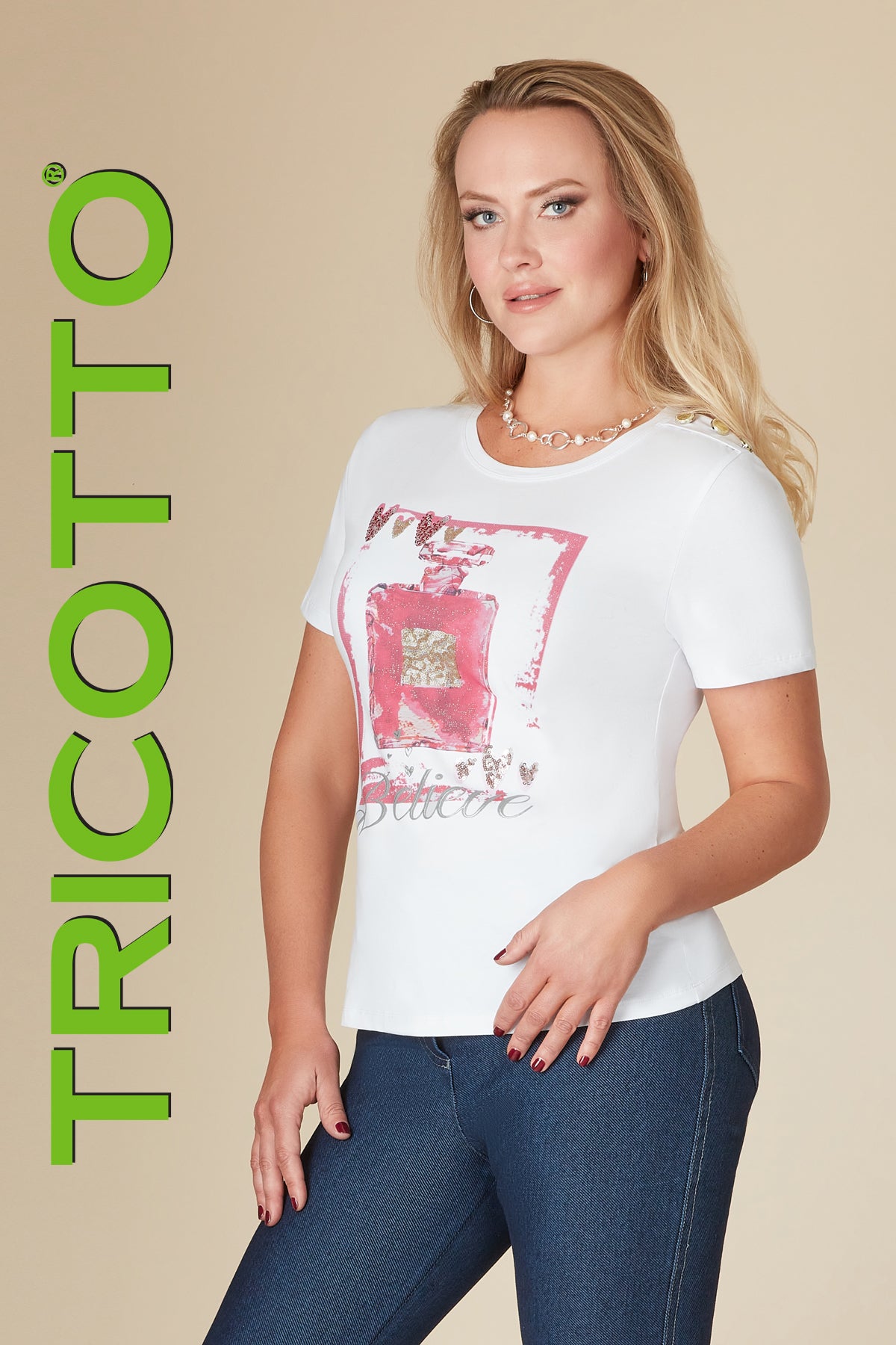 Tricotto White Pink Sequin Perfume Bottle T-shirt