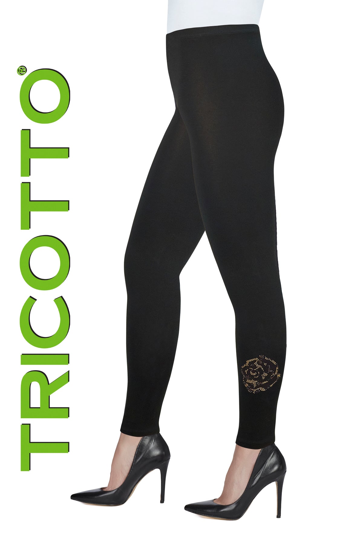 Black leggings with a decorative patch on a white background, featuring the brand 'Tricotto'.