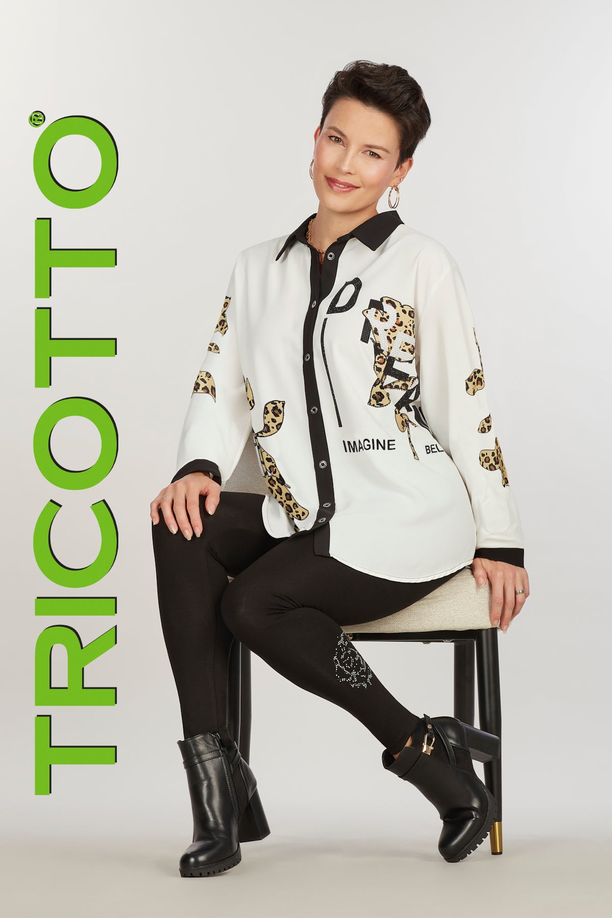 Leopard sequin print blouse in off white black