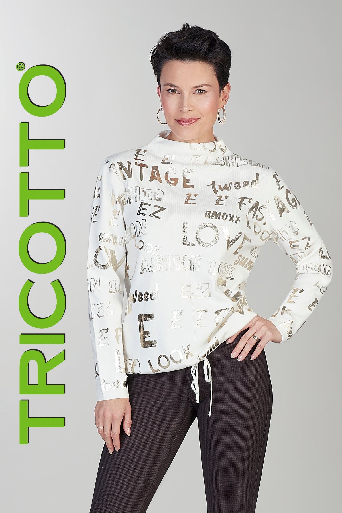 Tricotto mock neck sweater with gold metallic fashion print on front and back