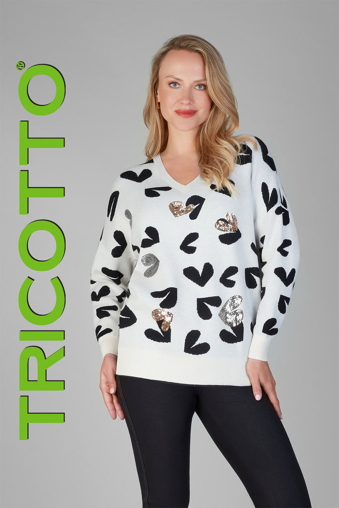 Tricotto Winter white sweater with sequin print on front and back