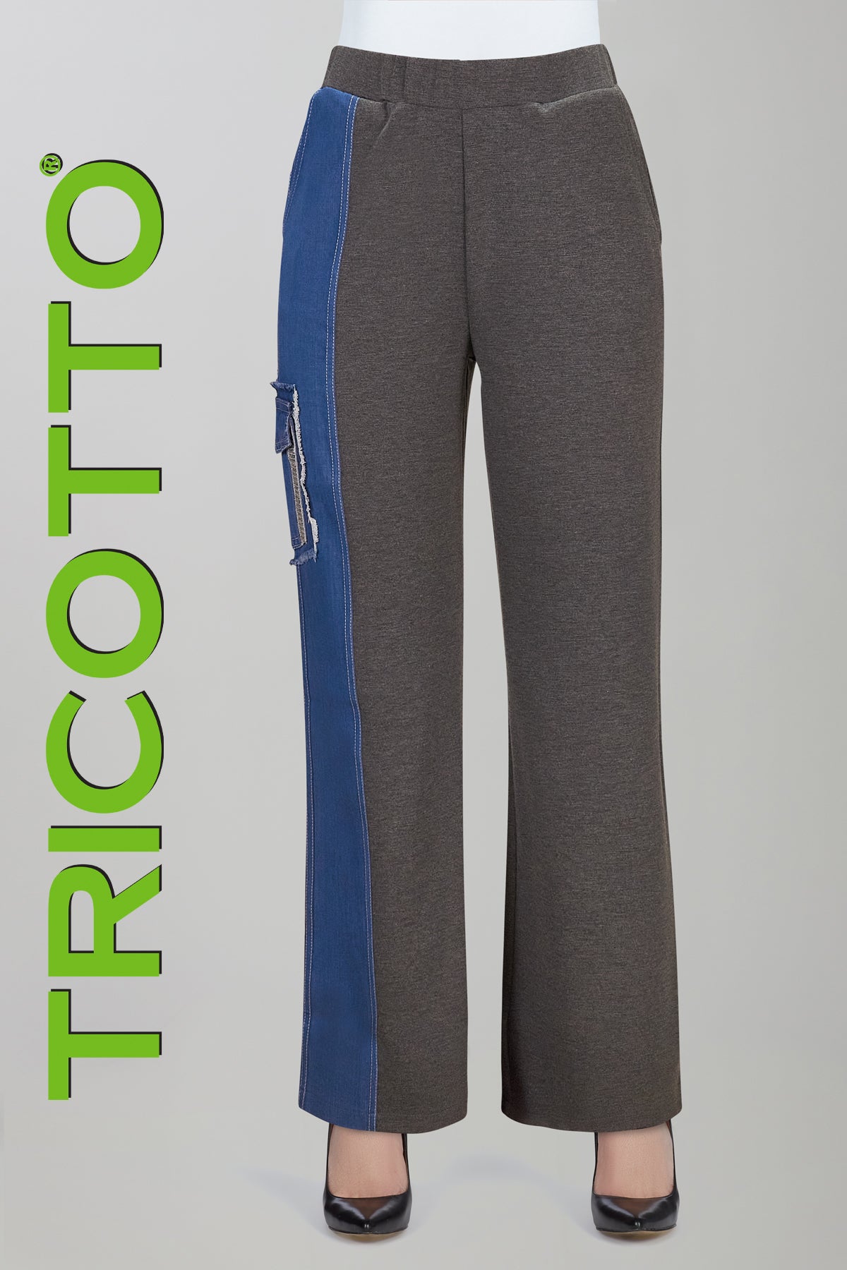 Relaxed pull on knit cargo style pant with side denim accent detail