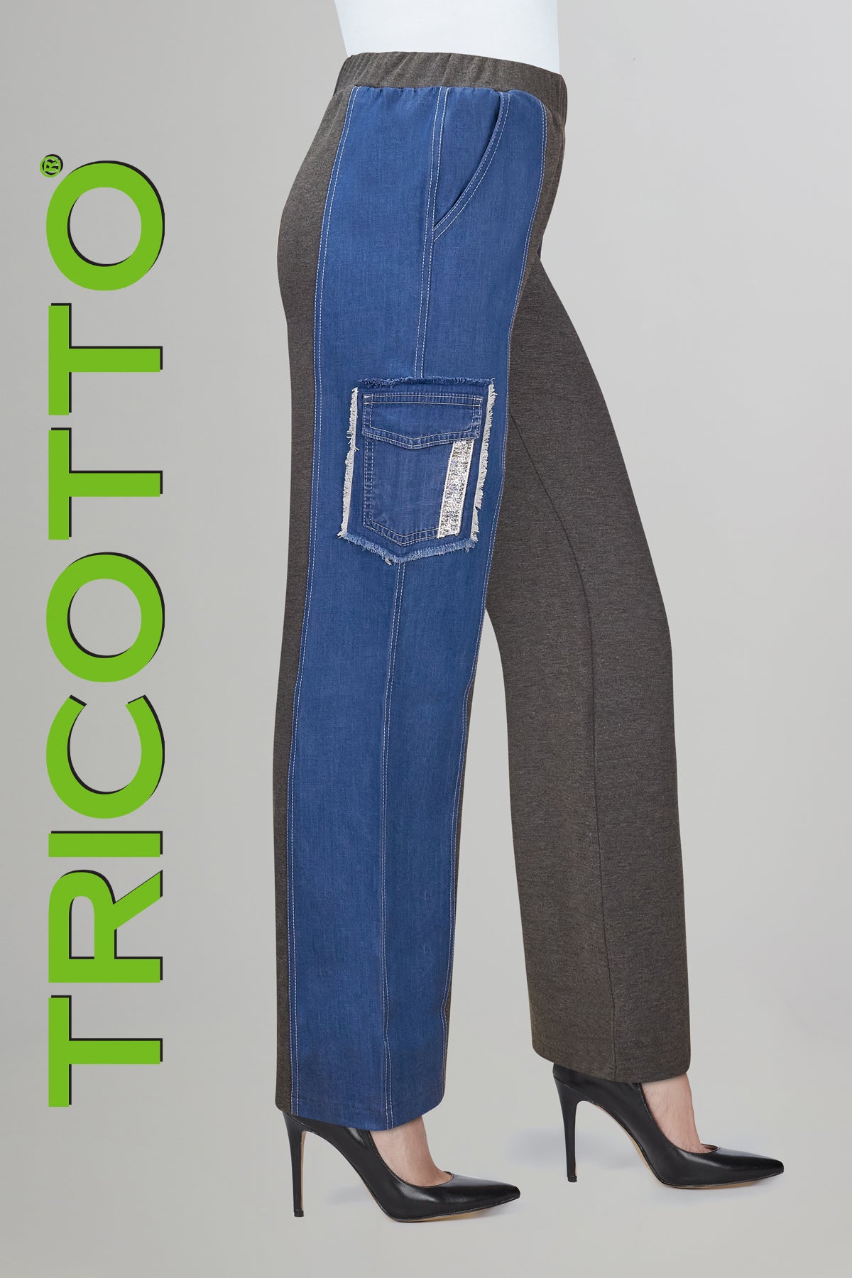 Relaxed pull on knit cargo style pant with side denim accent detail