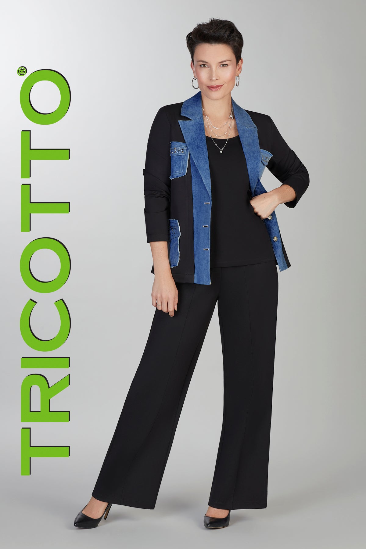 Relaxed knit blazer with denim detail and sequin pocket accents
