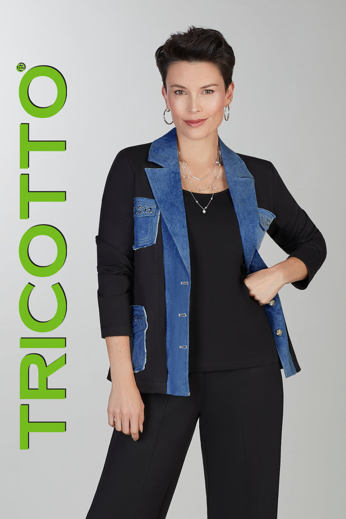 Relaxed knit blazer with denim detail and sequin pocket accents
