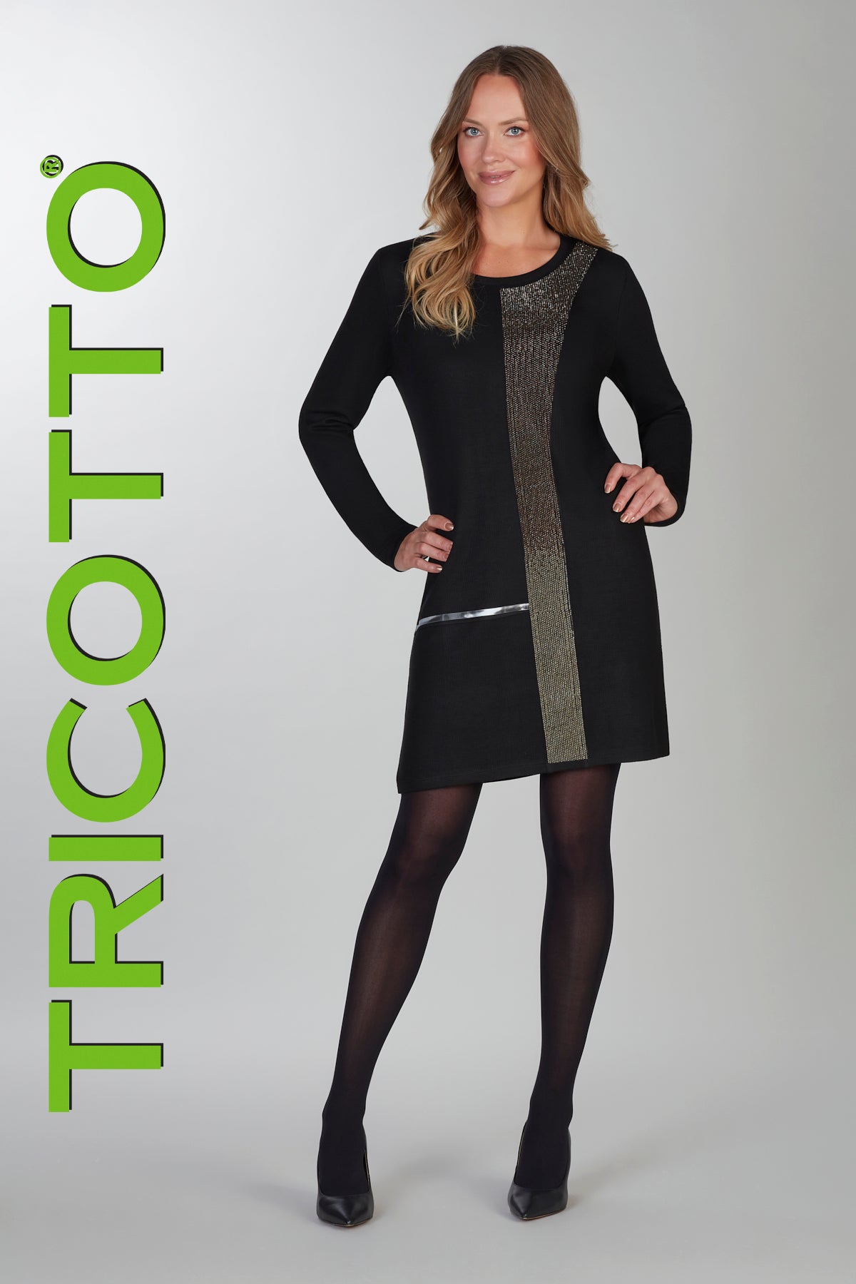 Tricotto black dress with front gold sequin detail