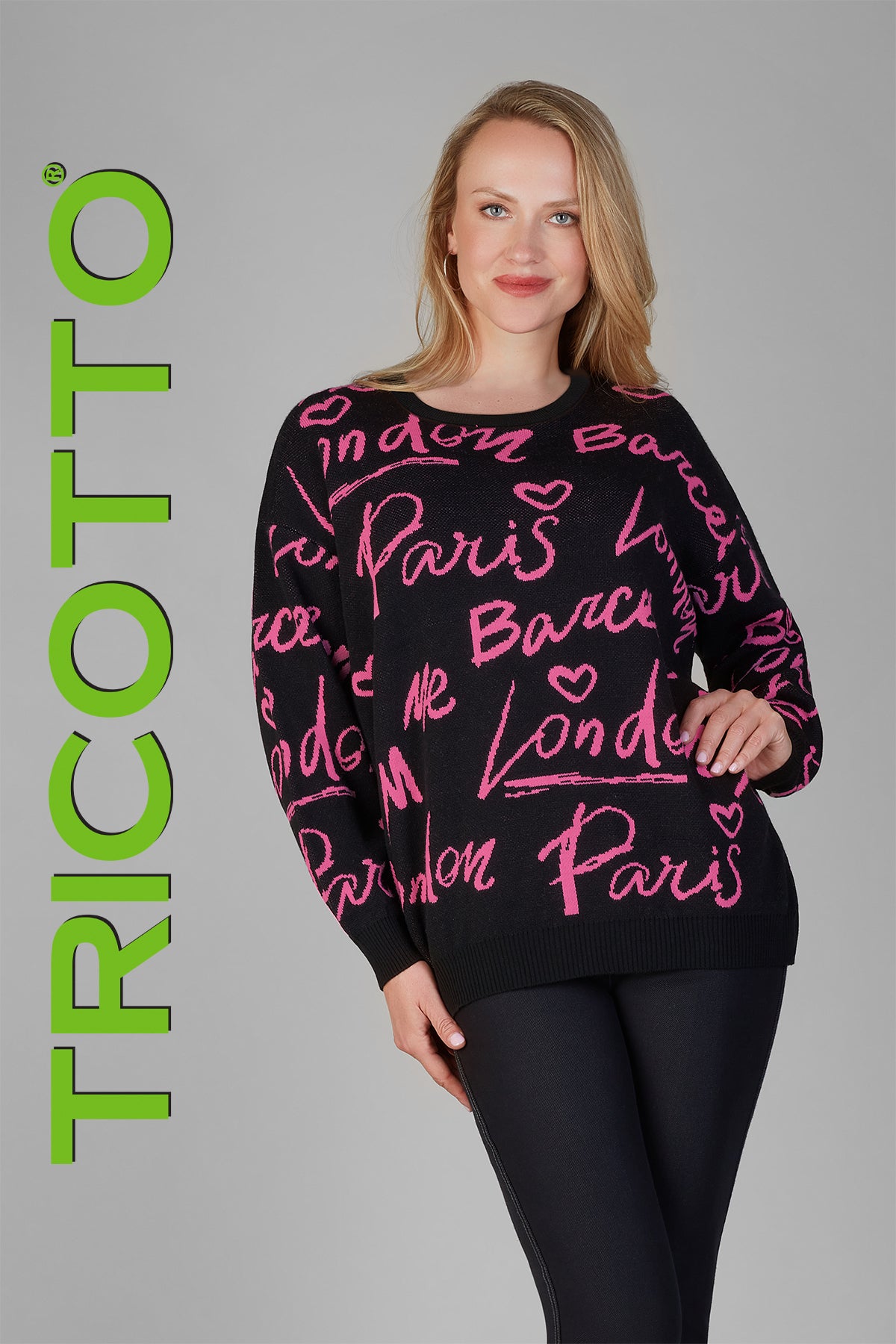 Tricotto Black-fuchsia tunic sweater with print detail on front and back