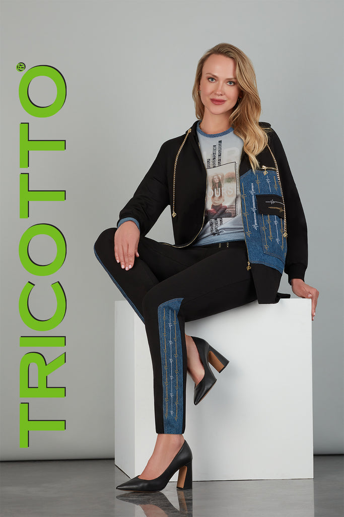 Tricotto Relaxed Hoodie Jacket Jacket in black with front sequin blue patch pocket detail