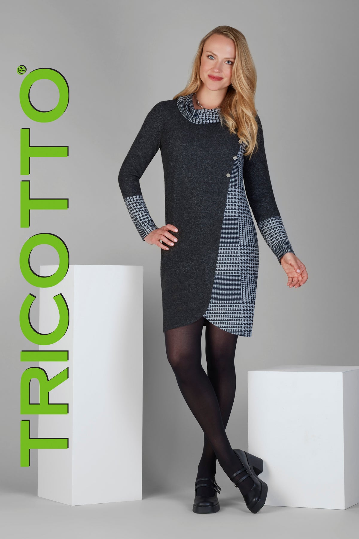 Tricotto Black grey checkered sweater dress with cowl neckline