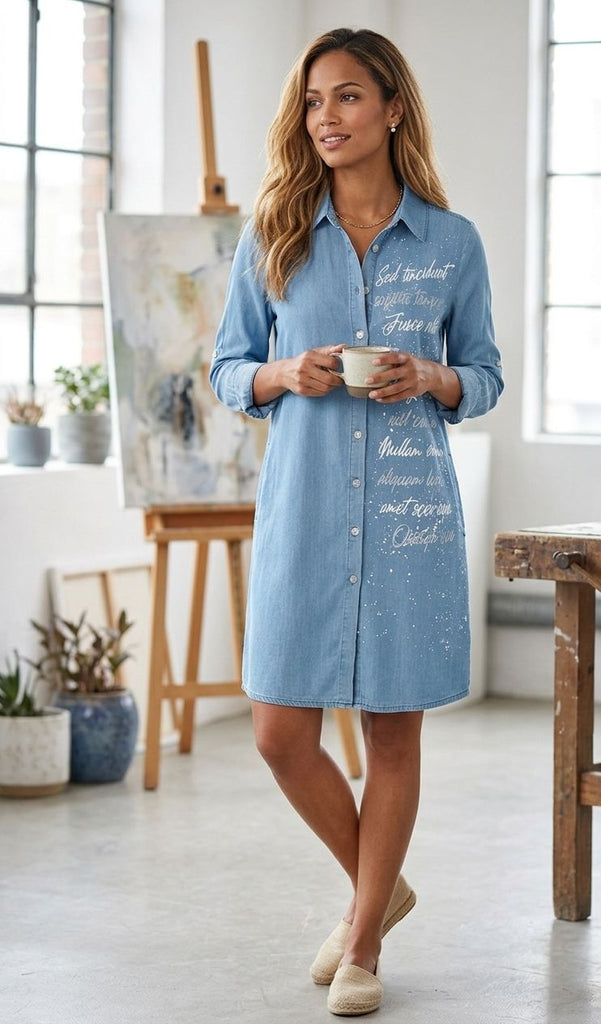 Woman wearing a blue dress with text in a bright room with plants and art.