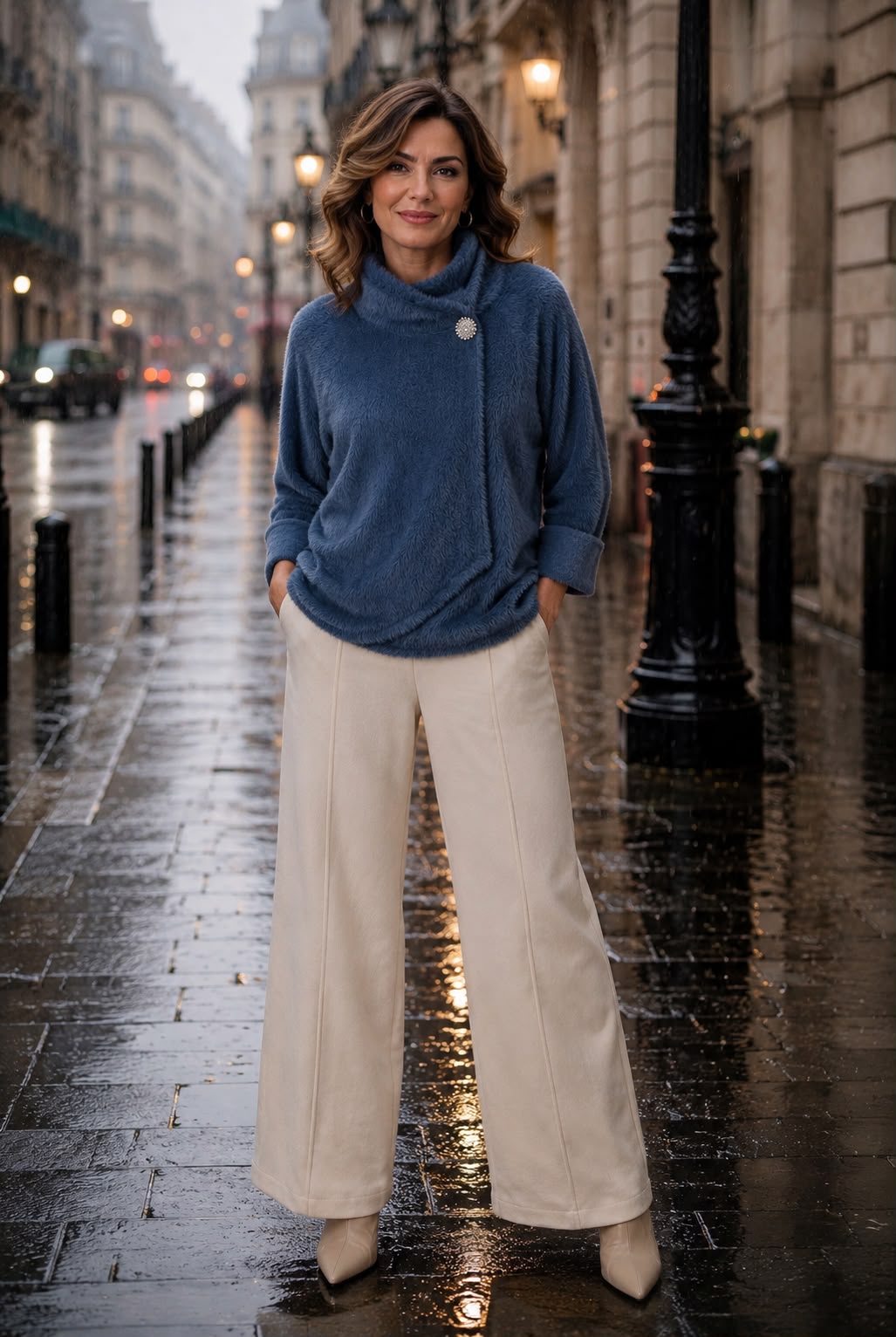 A woman stands on a wet city street wearing a blue cowl-neck long-sleeve top with a single decorative button and off-white wide-leg trousers.