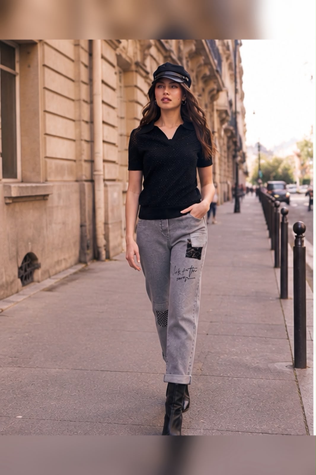 Stylish Pull On Grey Jeans With Patch Sequin Detail. Frank Lyman 264819