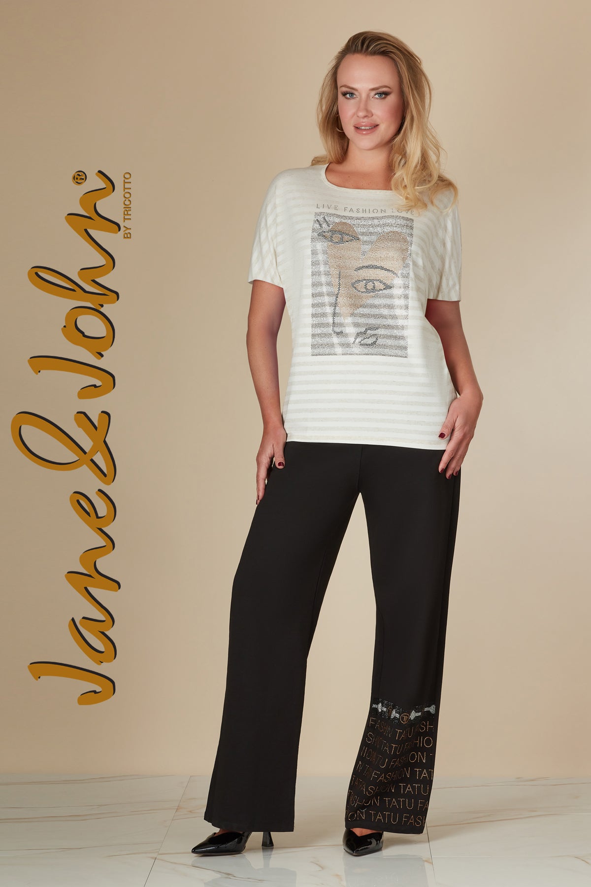 Jane & John relaxed knit t-shirt with front gold-silver sequin detail