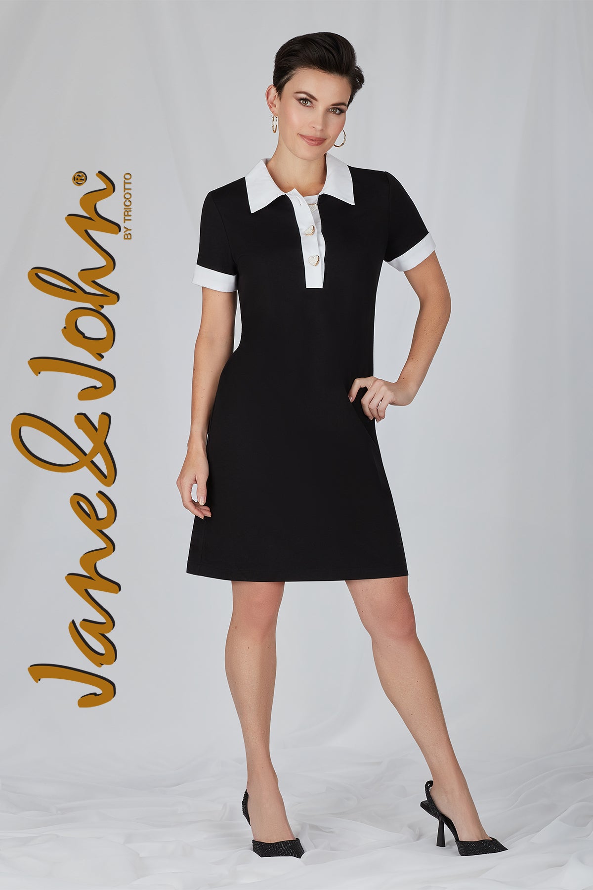 Jane & John Black Collared Dress With Heart Button Detail