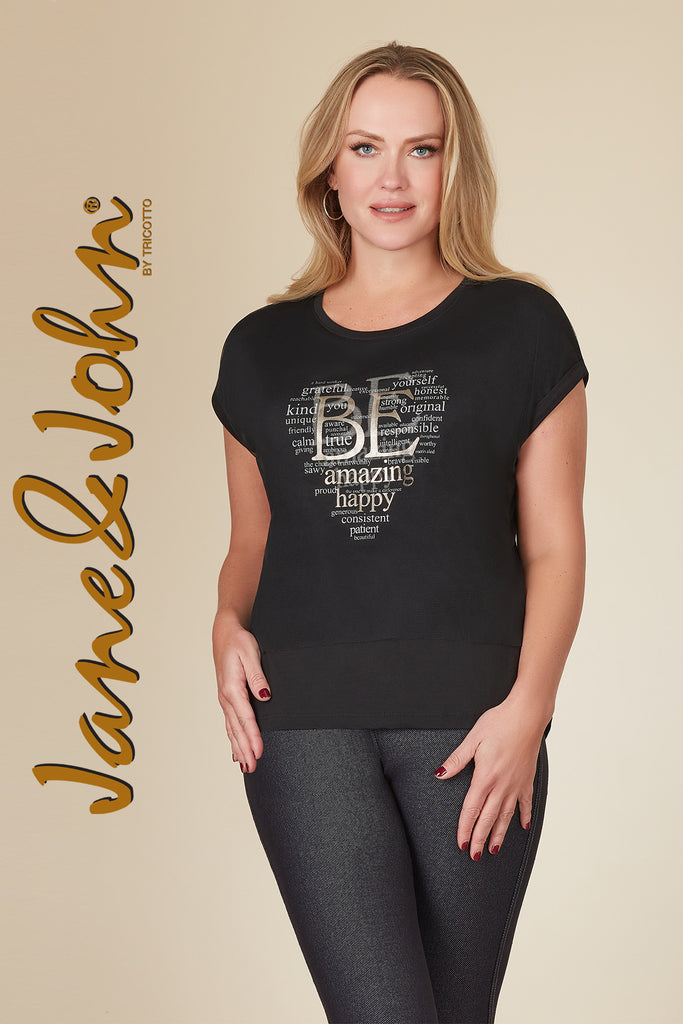 Jane & John Black T-shirt with attached sheer overlay and front fashion print