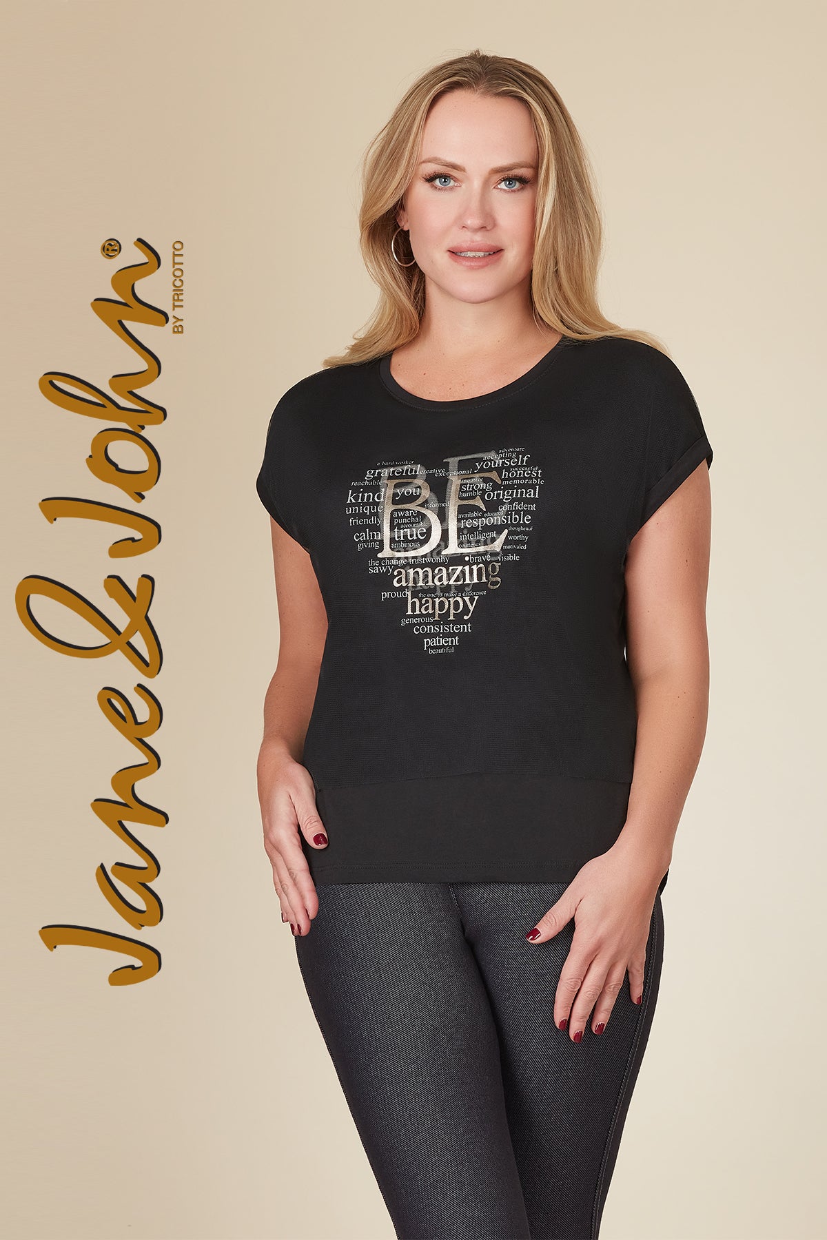 Jane & John Black T-shirt with attached sheer overlay and front fashion print
