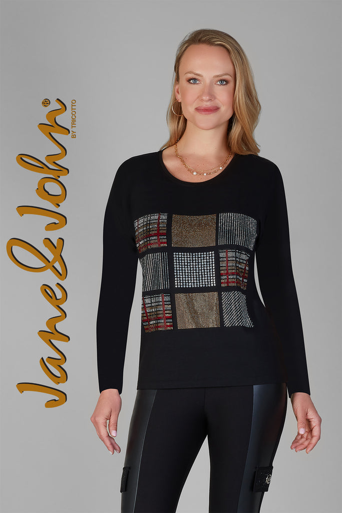 Tricotto Black long sleeve t-shirt with front multi colored sequin detail