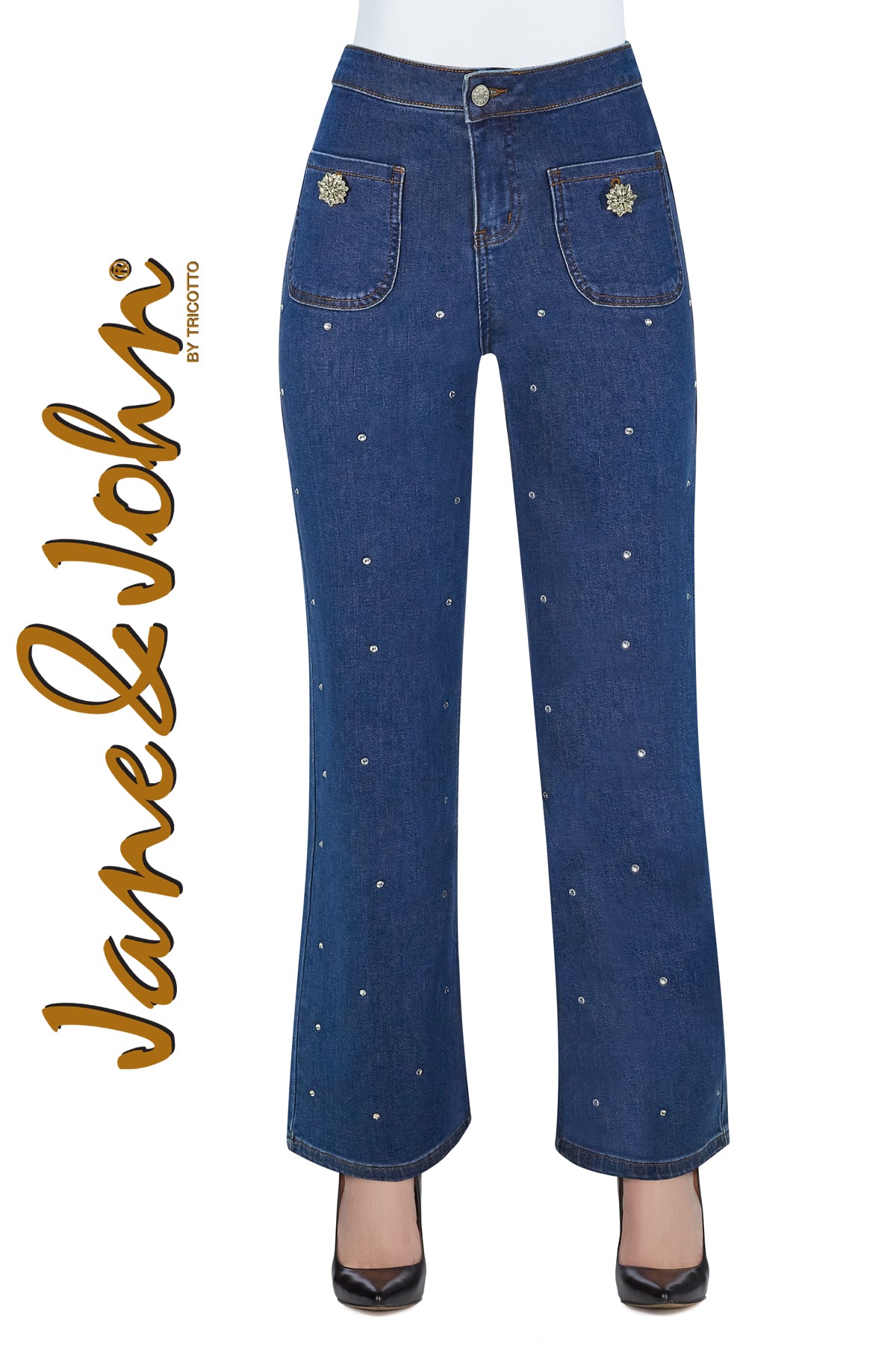 Jane & John Wide leg 4 pocket blue jeans with front crystal stone detail